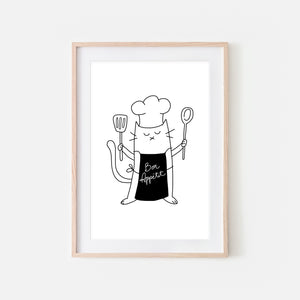 Bon Appétit Cat Chef Wall Art - Black and White Line Drawing - Kitchen Dining Room Decor - Print, Poster or Printable Download