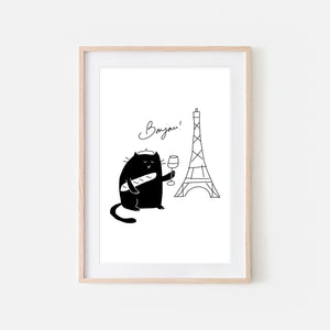 Bonjour French Black Cat in Paris Wall Art - Funny Cute Line Drawing Illustration - Print, Poster or Printable Download