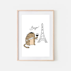 Bonjour French Brown Tabby Cat in Paris Wall Art - Funny Cute Line Drawing Illustration - Print, Poster or Printable Download