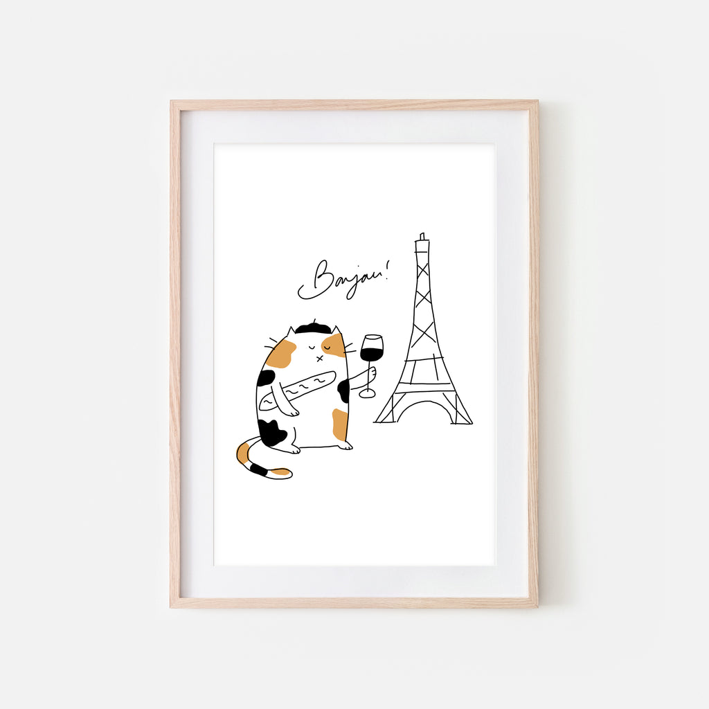 Bonjour French Calico Cat in Paris Wall Art - Funny Cute Line Drawing Illustration - Print, Poster or Printable Download