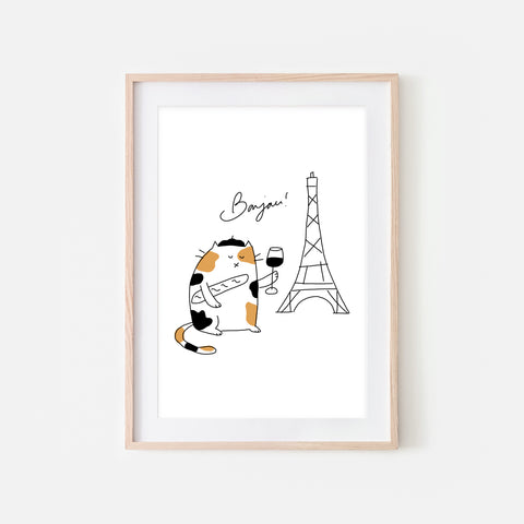 Bonjour French Calico Cat in Paris Wall Art - Funny Cute Line Drawing Illustration - Print, Poster or Printable Download