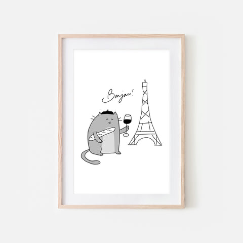 Bonjour French Gray Cat in Paris Wall Art - Funny Cute Line Drawing Illustration - Print, Poster or Printable Download
