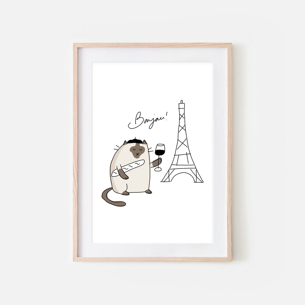 Bonjour French Siamese Cat in Paris Wall Art - Funny Kitchen Decor - Line Drawing Illustration - Print, Poster or Printable Download
