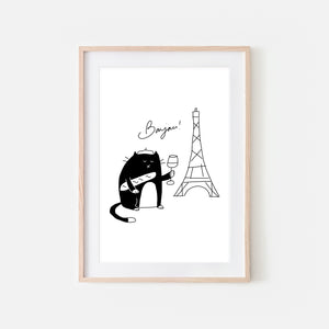 Bonjour French Black and White Tuxedo  Cat in Paris Wall Art - Funny Cute Line Drawing Illustration - Print, Poster or Printable Download