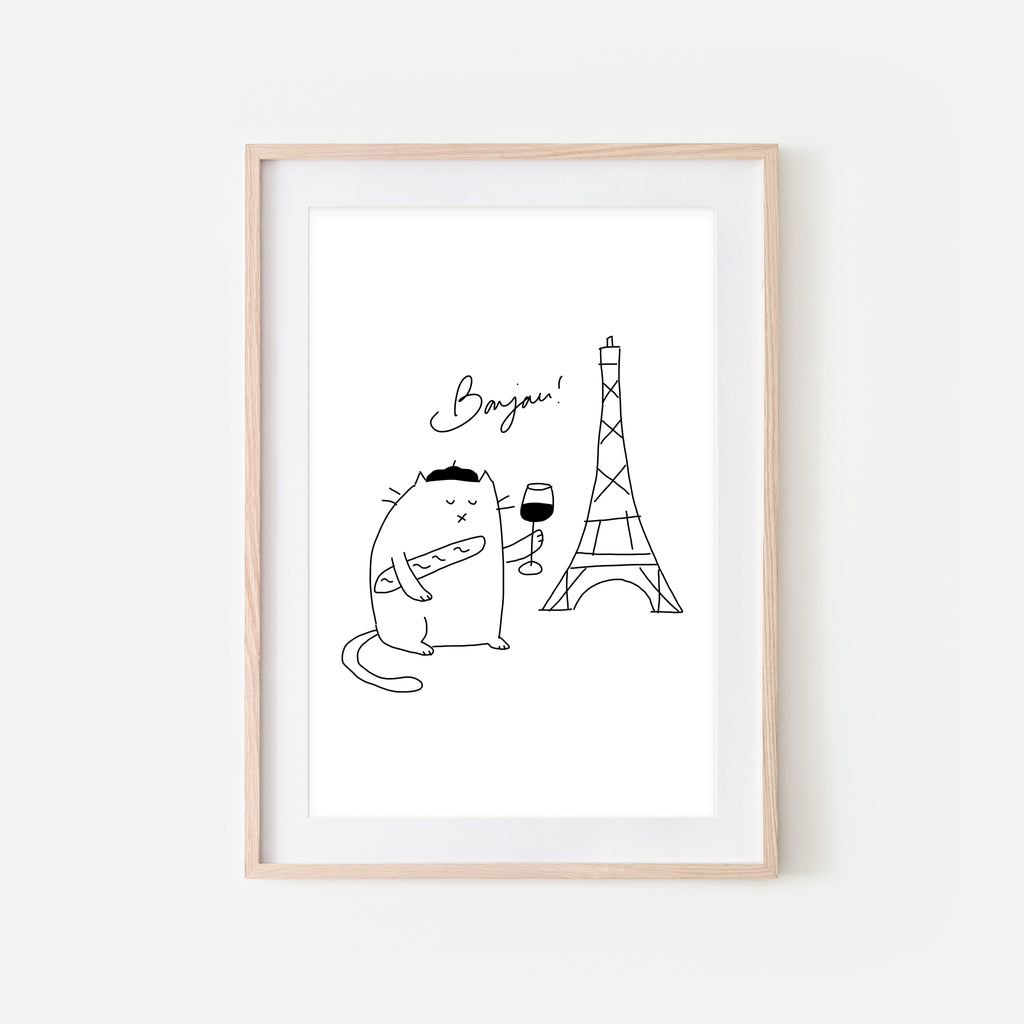 Bonjour French White Cat in Paris Wall Art - Funny Cute Line Drawing Illustration - Print, Poster or Printable Download