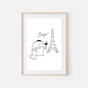 Bonjour French White Cat in Paris Wall Art - Funny Cute Line Drawing Illustration - Print, Poster or Printable Download