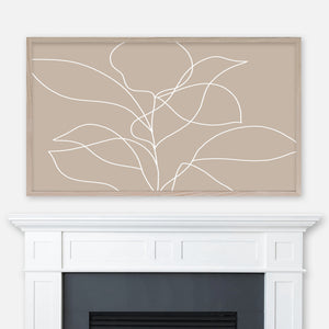 Beige and white minimalist line art of a leafy plant displayed full screen in Samsung Frame TV above fireplace