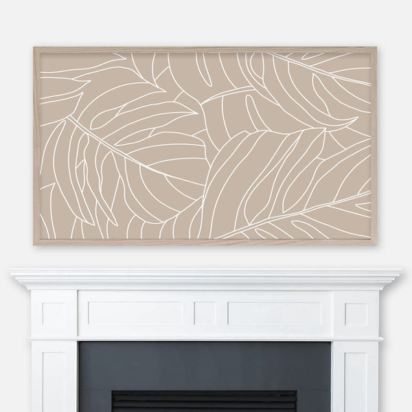 Beige and white monstera leaf pattern line art displayed full screen in Samsung Frame TV above fireplace