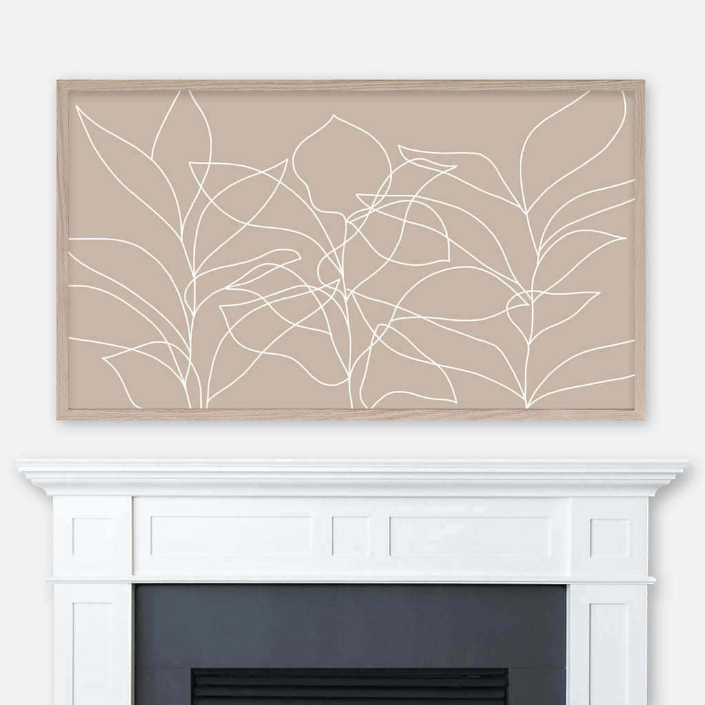 Beige and white minimalist line art of three plants displayed full screen in Samsung Frame TV above fireplace