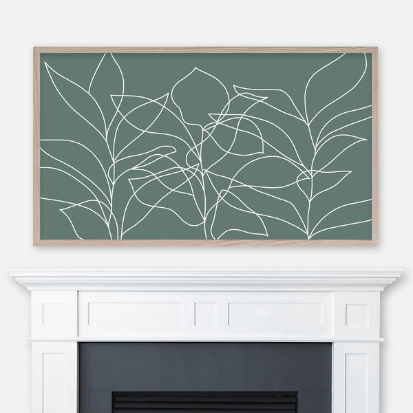 Dark sage green and white minimalist line art of three plants displayed full screen in Samsung Frame TV above fireplace