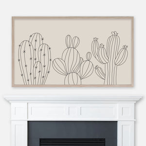 Three cactus plants line art on beige background displayed full screen in Samsung Frame TV above fireplace