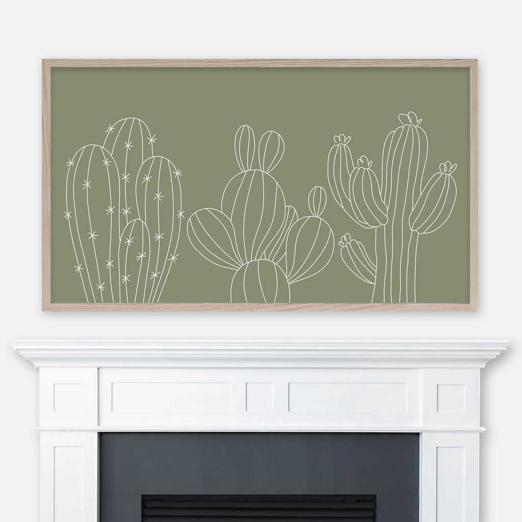 White line art of three cactus plants on olive green background displayed full screen in Samsung Frame TV above fireplace