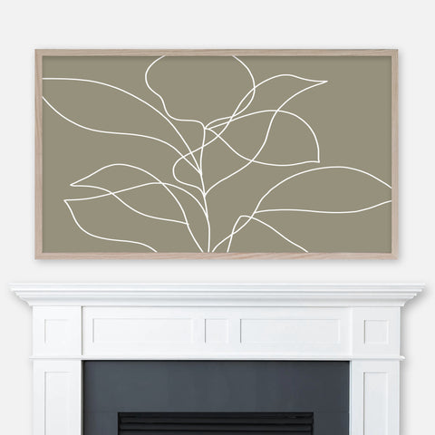 Khaki green and white minimalist line art of a leafy plant displayed full screen in Samsung Frame TV above fireplace