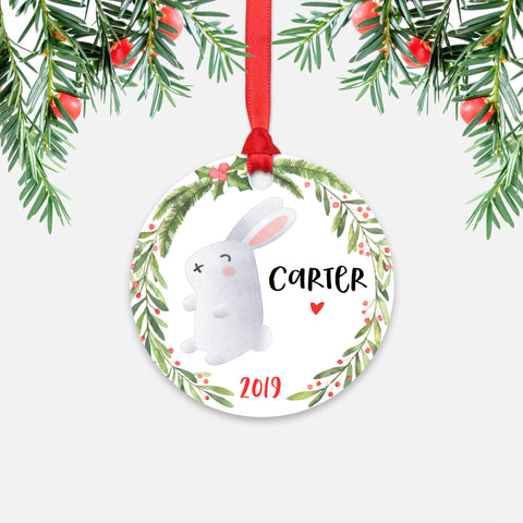 Bunny Rabbit Farm Animal Personalized Kids Name Christmas Ornament for Boy or Girl - Round Aluminum - Red ribbon