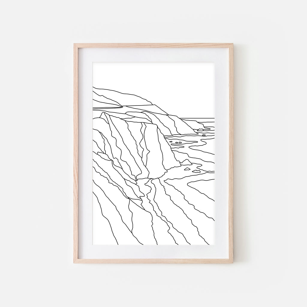 Big Sur, California - Beach Wall Art - Black and White Line Art Drawing - Print, Poster or Printable Download - Home Decor