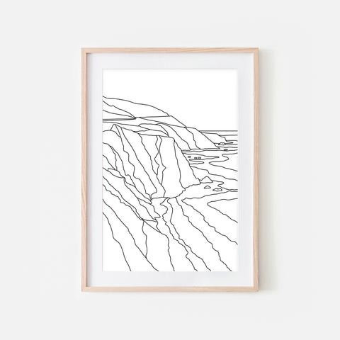 Big Sur, California - Beach Wall Art - Black and White Line Art Drawing - Print, Poster or Printable Download - Home Decor