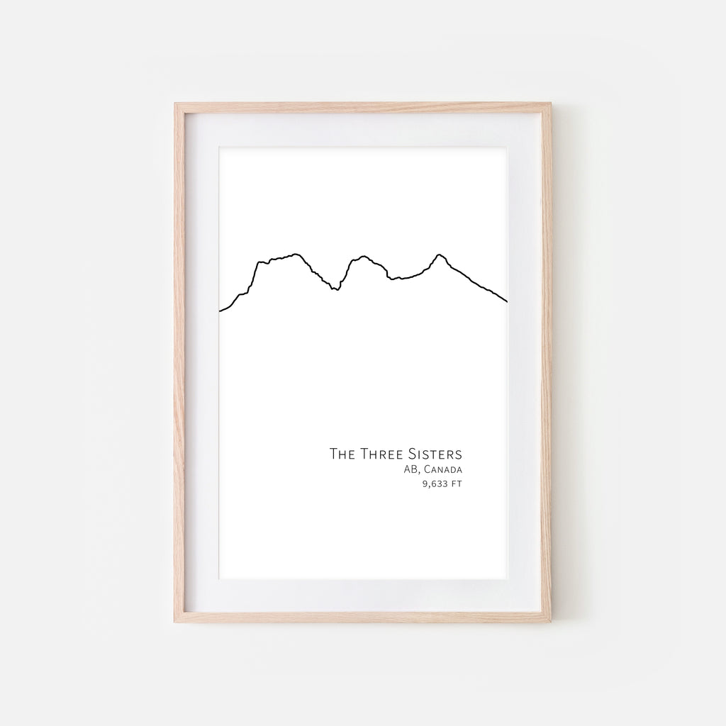 Three Sisters AB Canada - Mountain Wall Art - Minimalist Line Drawing - Black and White Print, Poster or Printable Download