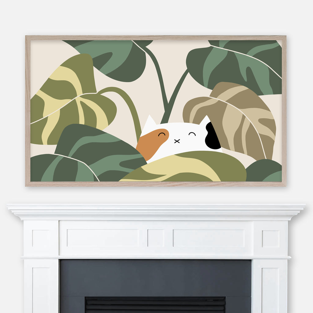 Calico Cat Hiding in Philodendron Plant - Neutral Green & Beige Palette - Samsung Frame TV Art - Digital Download