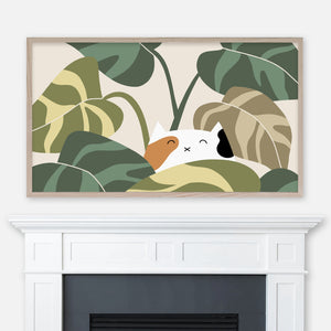 Calico Cat Hiding in Philodendron Plant - Neutral Green & Beige Palette - Samsung Frame TV Art - Digital Download