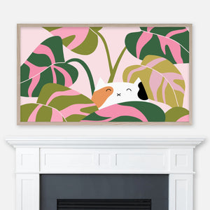 Calico Cat Hiding in Philodendron Plant - Pink & Green Palette - Samsung Frame TV Art - Digital Download