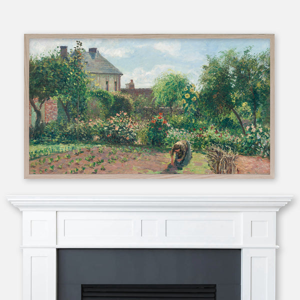 Painting The Artist's Garden at Eragny by Camille Pissarro displayed full screen in Samsung Frame TV above fireplace