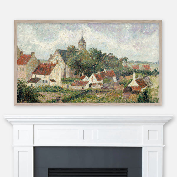 Painting The Village of Knokke by Camille Pissarro displayed full screen in Samsung Frame TV above fireplace