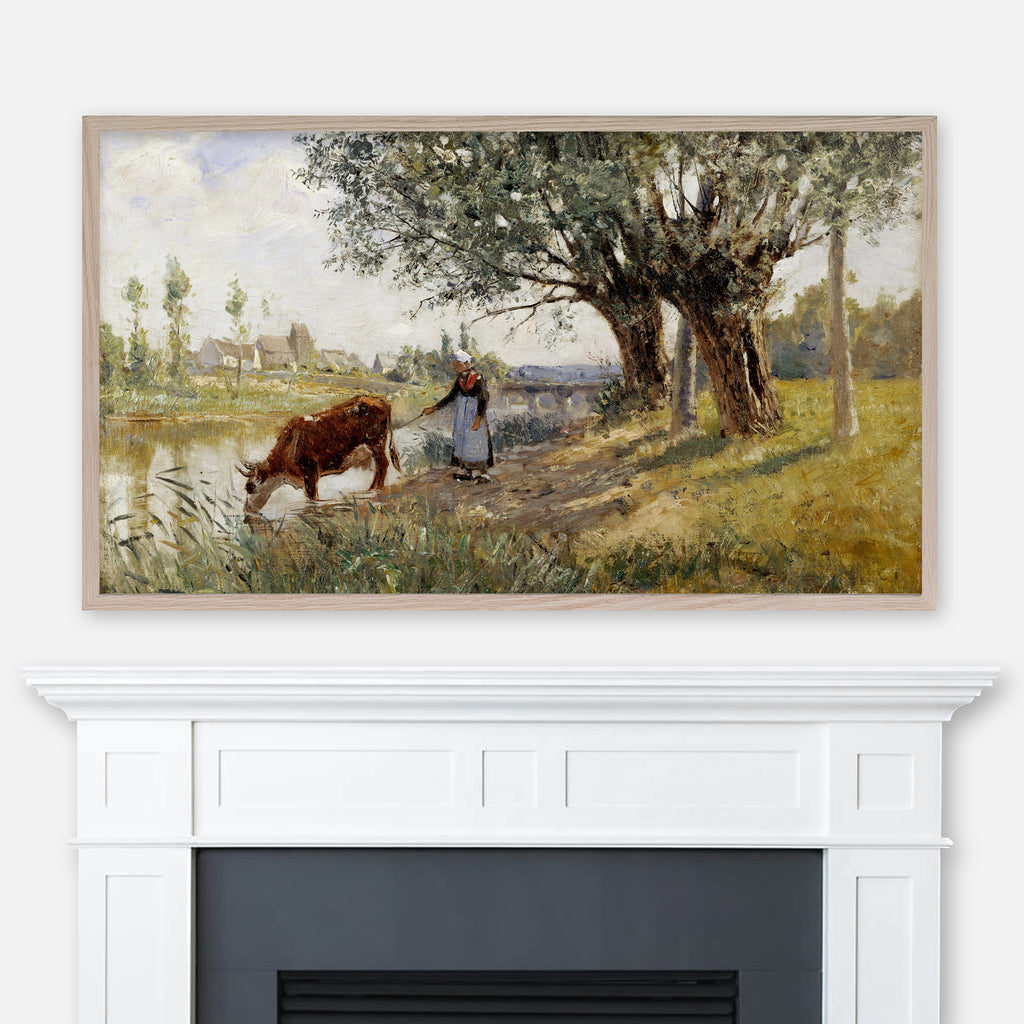 Painting Countryside near Grez-sur-Loing by Camille Pissarro displayed full screen in Samsung Frame TV above fireplace