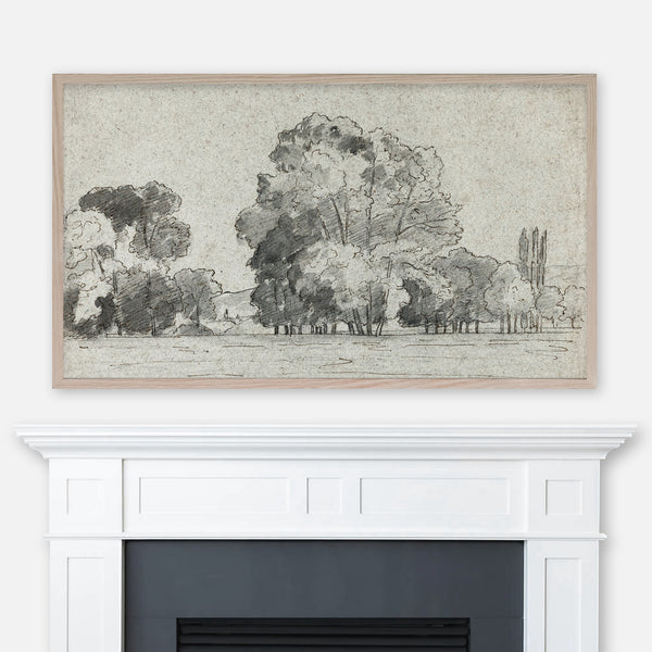 Painting Grove of Trees by Camille Pissarro displayed full screen in Samsung Frame TV above fireplace