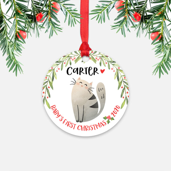 Cat Pet Animal Personalized Baby’s First Christmas Ornament for Boy or Girl - Round Aluminum - Red ribbon