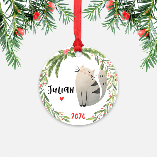 Cat Pet Animal Personalized Kids Name Christmas Ornament for Boy or Girl - Round Aluminum - Red ribbon