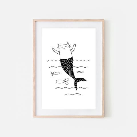 Mermaid Cat Wall Art - Black and White Line Drawing - Bathroom Kids Room Decor - Print, Poster or Printable Download