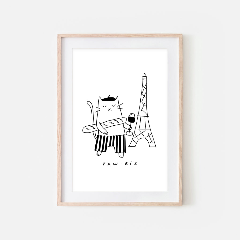 Pawris - French Cat in Paris Wall Art - Black and White Line Drawing - Wine Food Kitchen Decor - Print, Poster or Printable Download