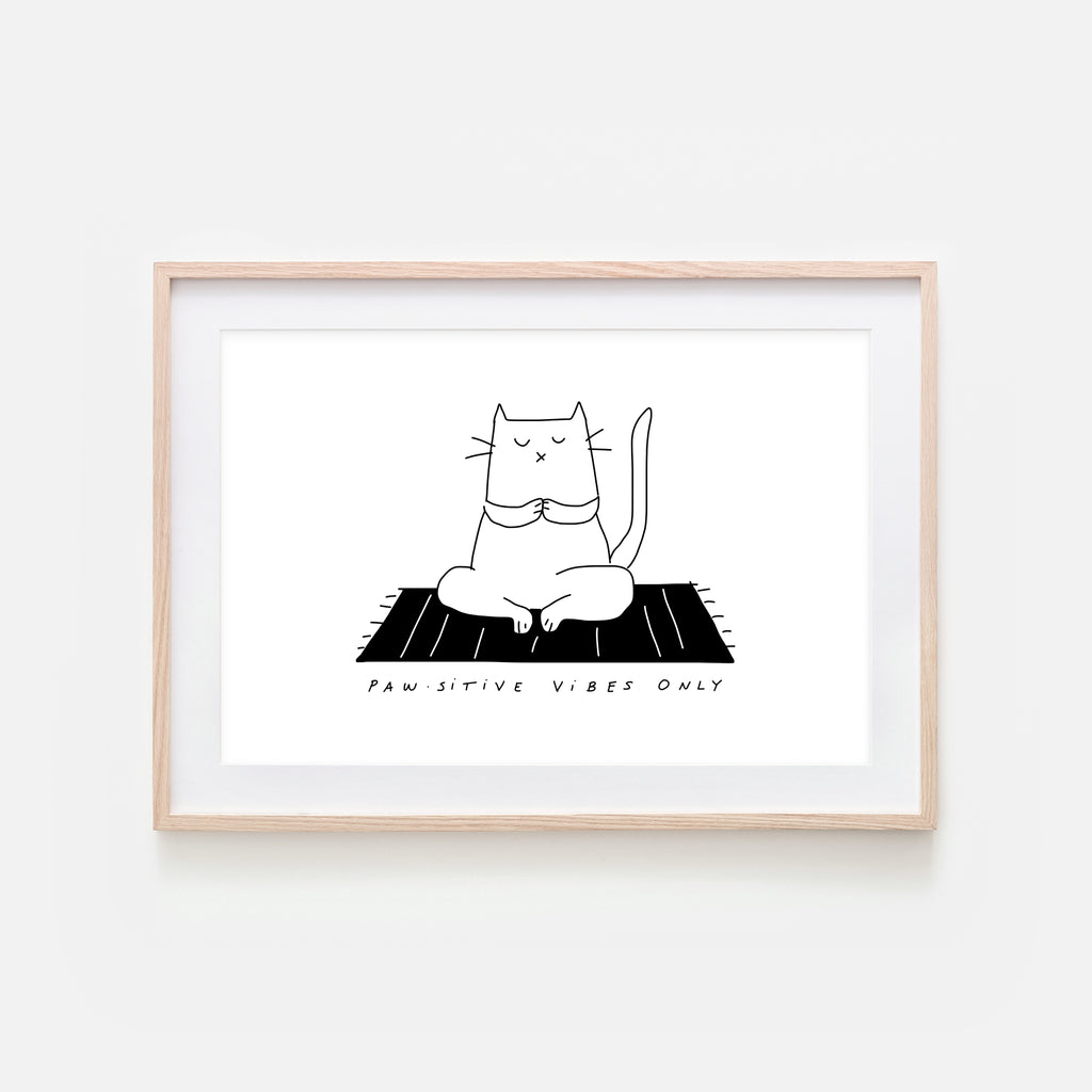 Pawsitive Vibes Only - Yoga Wall Art - White Cat Line Drawing - Fitness Exercise Room Decor - Print, Poster or Printable Download
