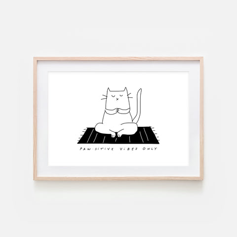 Pawsitive Vibes Only - Yoga Wall Art - White Cat Line Drawing - Fitness Exercise Room Decor - Print, Poster or Printable Download