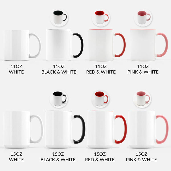 Ceramic Coffee Mug Sizes - 11oz 15oz White Black Pink Red Handle Rim Inside - By Happy Cat Prints