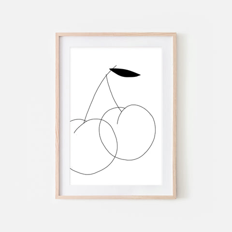 Cherry No 1 Fruit Wall Art - Black and White Line Drawing - Print, Poster or Printable Download