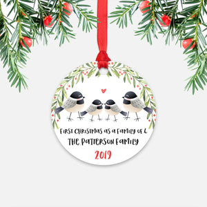 Chickadee Bird Animal First Christmas as a Family of 4 Personalized Ornament for New Baby Girl Boy - Round Aluminum - Red ribbon