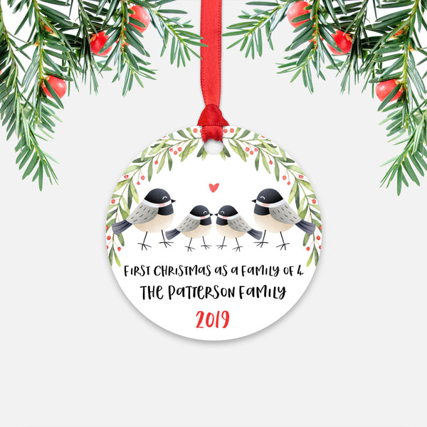 Chickadee Bird Animal First Christmas as a Family of 4 Personalized Ornament for New Baby Girl Boy - Round Aluminum - Red ribbon