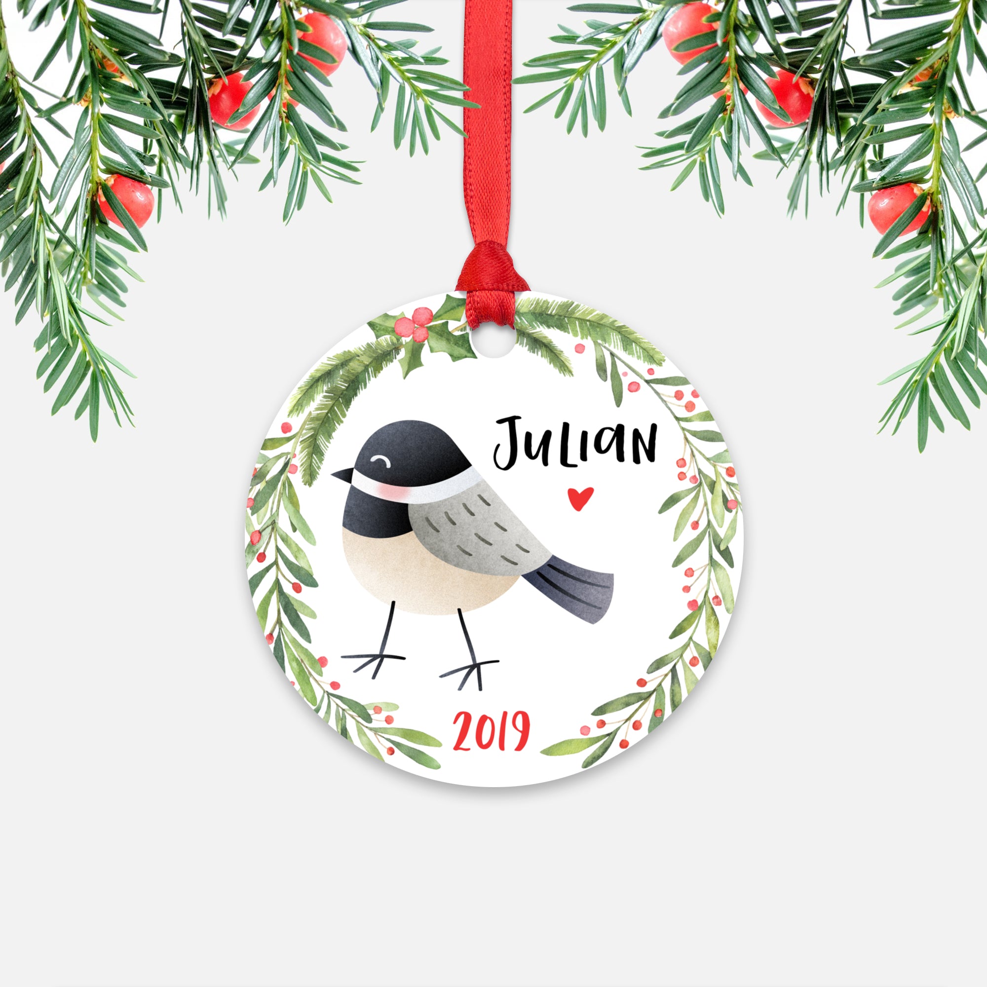 Chickadee Bird Woodland Animal Personalized Kids Name Christmas Ornament for Boy or Girl - Round Aluminum - Red ribbon