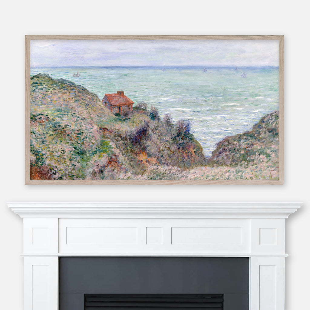 Painting Cabin of the Customs Watch by Claude Monet displayed full screen in Samsung Frame TV above fireplace