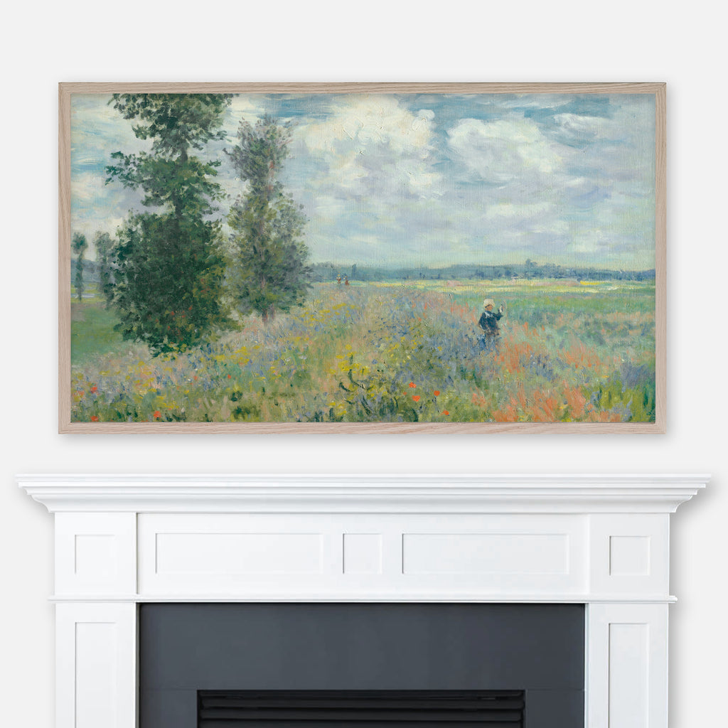 Painting Poppy Fields near Argenteuil by Claude Monet displayed full screen in Samsung Frame TV above fireplace