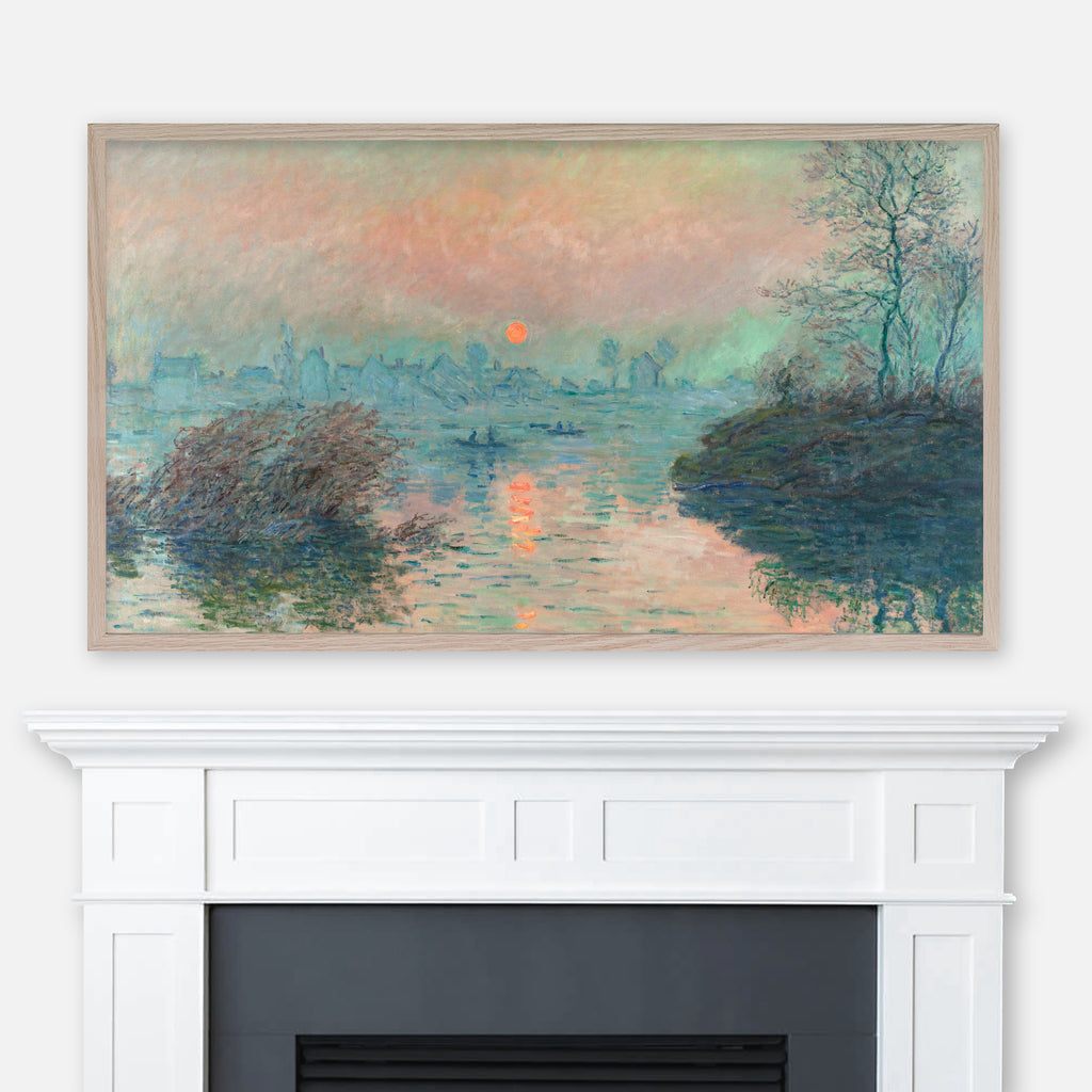 Painting Sun setting on the Seine at Lavacourt by Claude Monet displayed full screen in Samsung Frame TV above fireplace