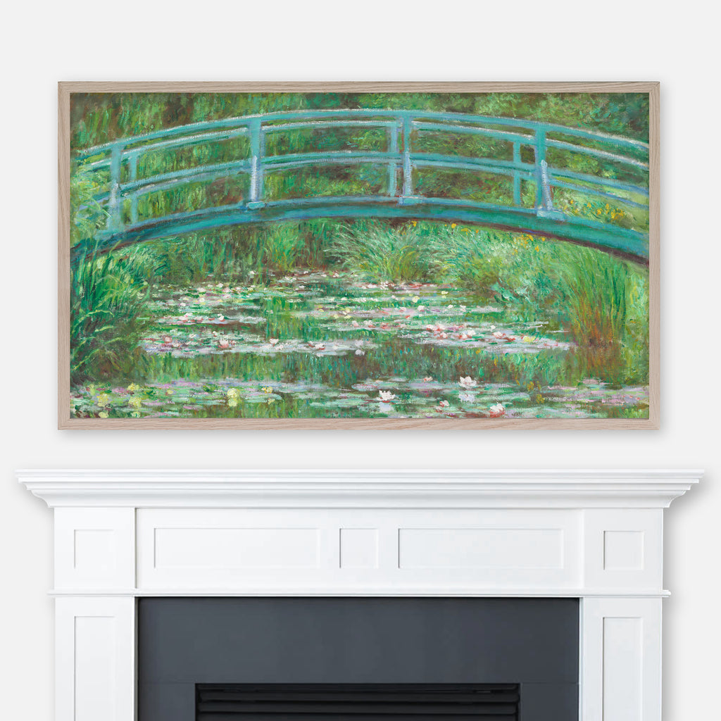 Painting The Japanese Footbridge by Claude Monet displayed full screen in Samsung Frame TV above fireplace