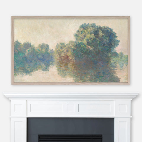 Painting The Seine at Giverny by Claude Monet displayed full screen in Samsung Frame TV above fireplace