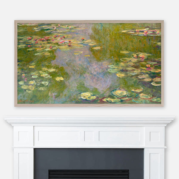 Painting Water Lilies by Claude Monet displayed full screen in Samsung Frame TV above fireplace