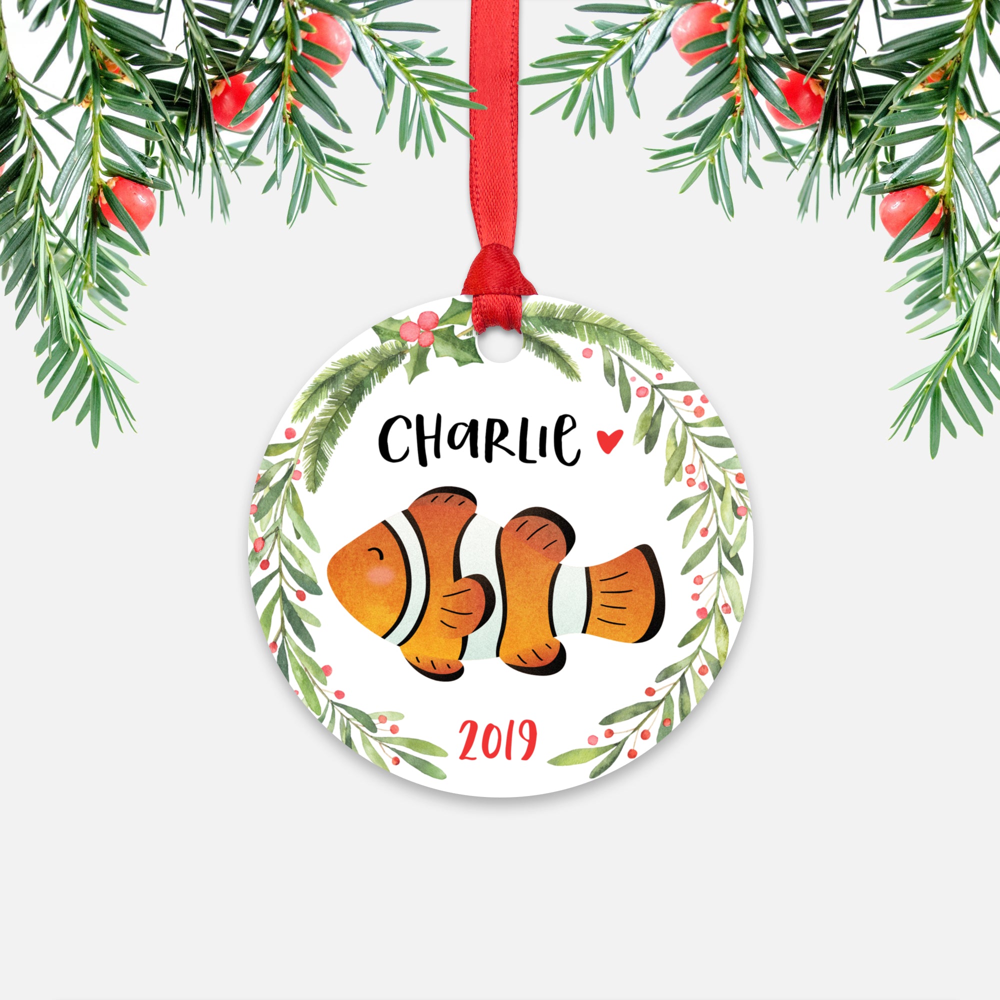 Clownfish Sea Ocean Animal Personalized Kids Name Christmas Ornament for Boy or Girl - Round Aluminum - Red ribbon