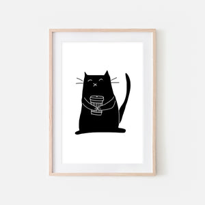 Coffee Lover Black Cat Wall Art - Black and White Line Drawing Illustration - Print, Poster or Printable Download