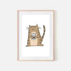 Coffee Lover Brown Tabby Cat Wall Art - Line Drawing Illustration - Print, Poster or Printable Download