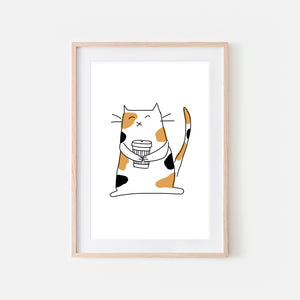 Coffee Lover Calico Cat Wall Art - Line Drawing Illustration - Print, Poster or Printable Download