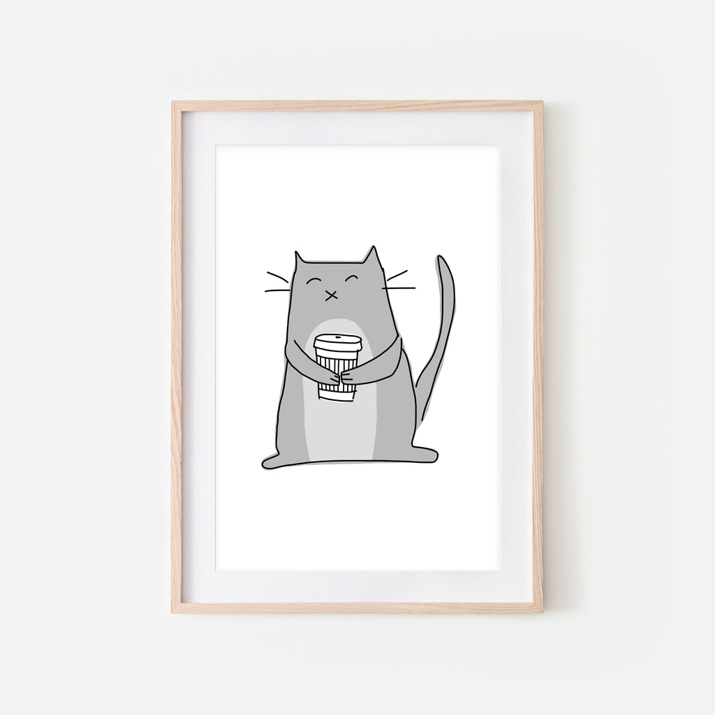 Coffee Lover Gray Cat Wall Art - Line Drawing Illustration - Print, Poster or Printable Download